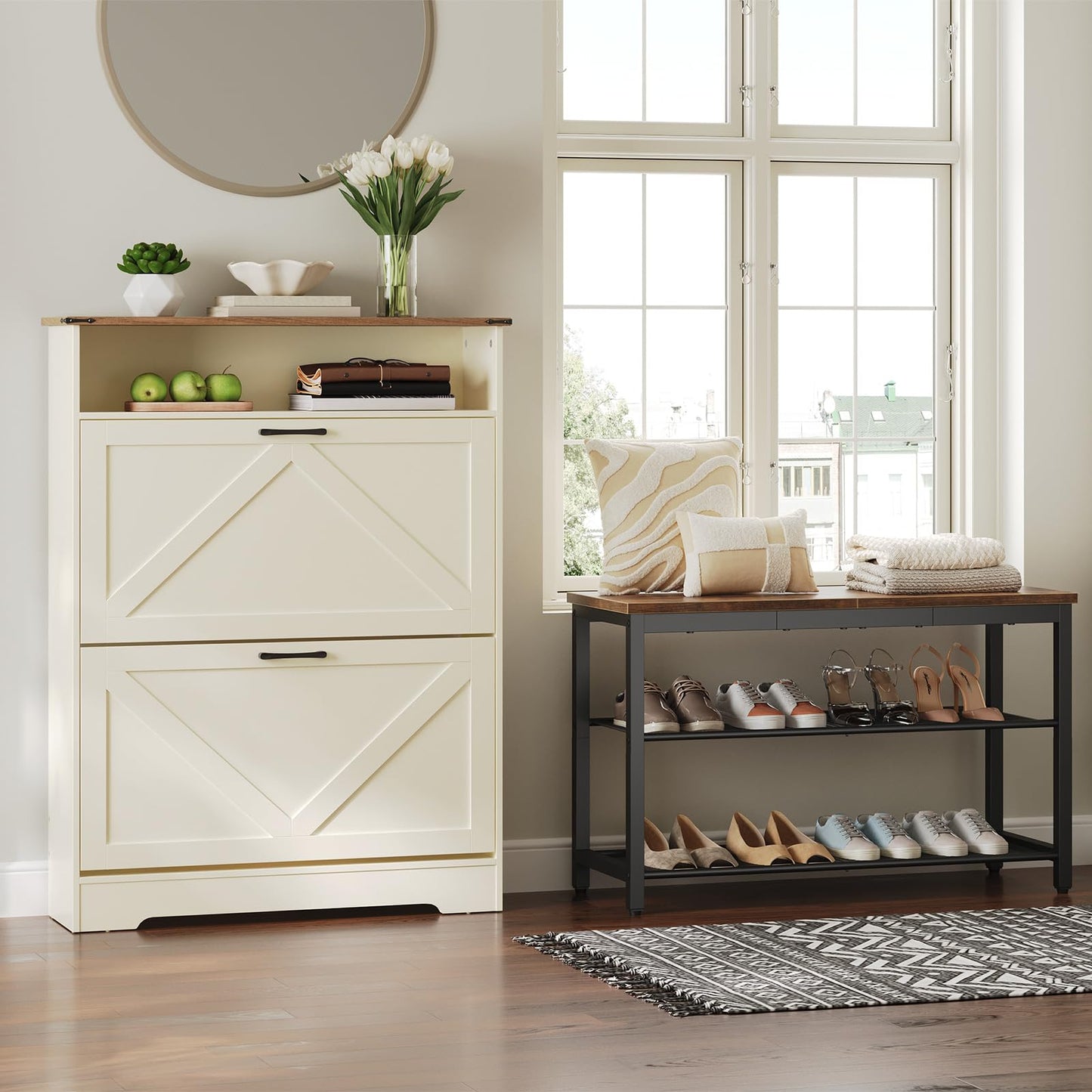 HOOBRO Warm White 31.5-inch Farmhouse Style Long Shoe Cabinet with 2 Flip-Top Drawers & Open Shelves & Adjustable Shelves