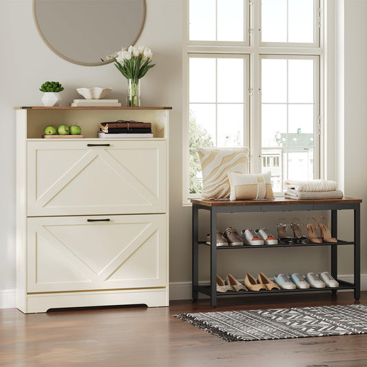 HOOBRO 31.5-inch L Farmhouse Shoe Storage Cabinet with 2 Flip Drawers