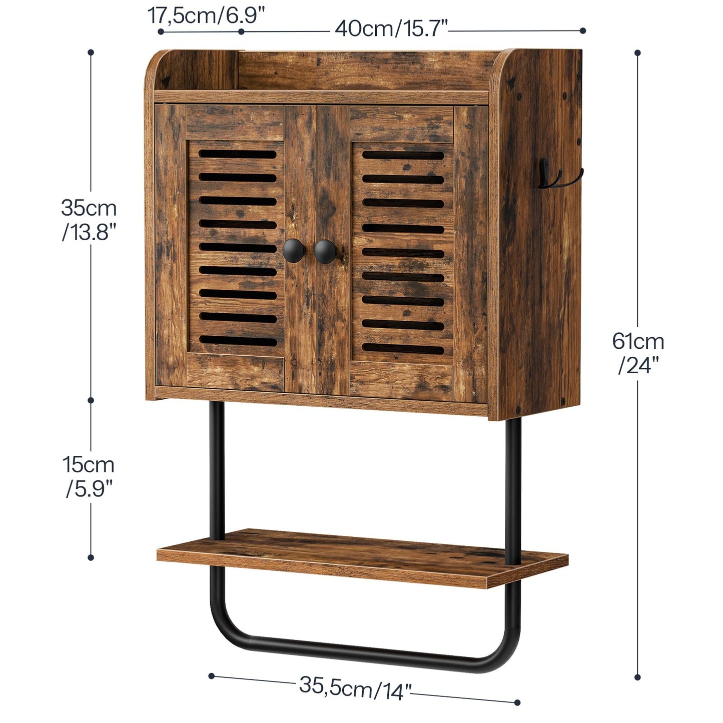 HOOBRO Retro Brown Double Door Bathroom Vanity with Towel Bar & Adjustable Shelf & 2 Hooks