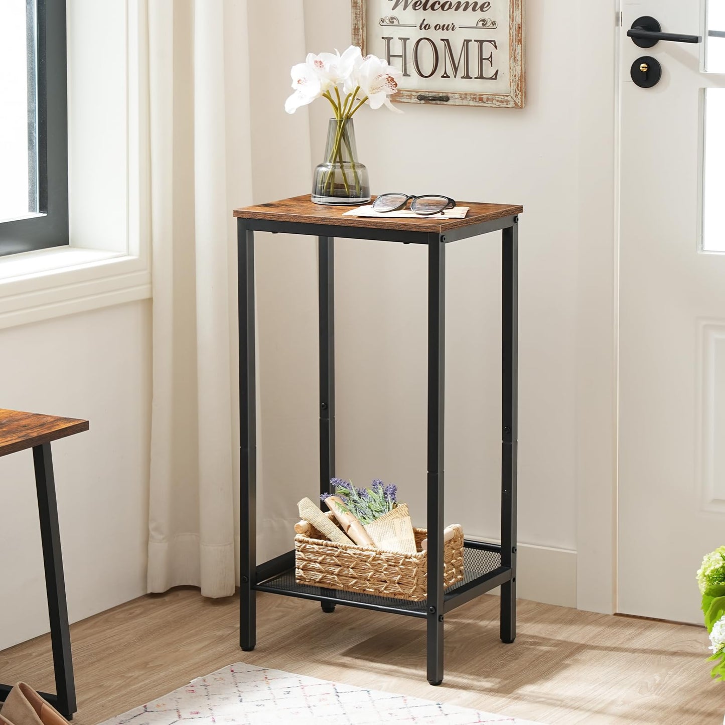 HOOBRO Retro Brown Industrial Style High Side Table with Adjustable Mesh Shelf