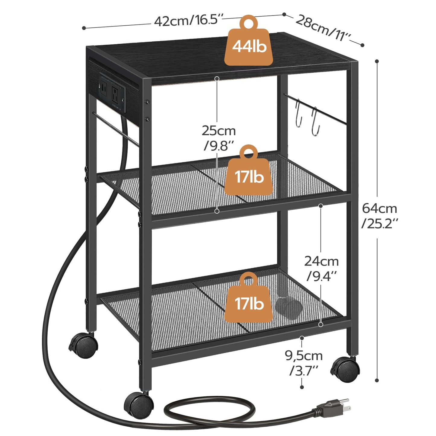 HOOBRO Black Industrial Style Three-Tier Movable Printer Stand with Wheels & Power Outlet & USB Port &2 Hooks
