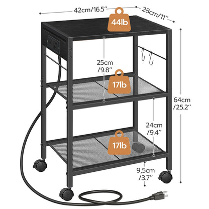 HOOBRO Black Industrial Style Three-Tier Movable Printer Stand with Wheels & Power Outlet & USB Port &2 Hooks