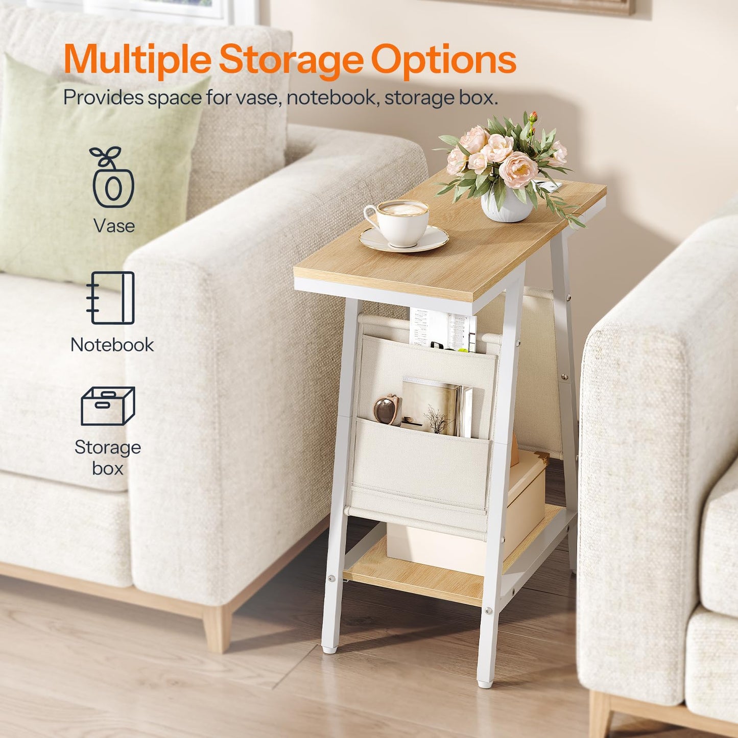 HOOBRO End Table, Skinny Side Table with Storage, Narrow Nightstand with Storage, Fabric Pockets, Narrow End Table for Small Spaces, Living Room, Bedroom, White and Natural WN426UBZ01