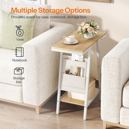 HOOBRO End Table, Skinny Side Table with Storage, Narrow Nightstand with Storage, Fabric Pockets, Narrow End Table for Small Spaces, Living Room, Bedroom, White and Natural WN426UBZ01