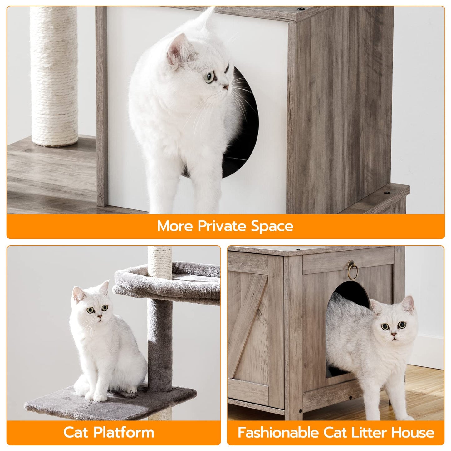 HOOBRO Greige Wooden Concealed Cat Tree Tower with Litter Box Enclosure & Scratching Post