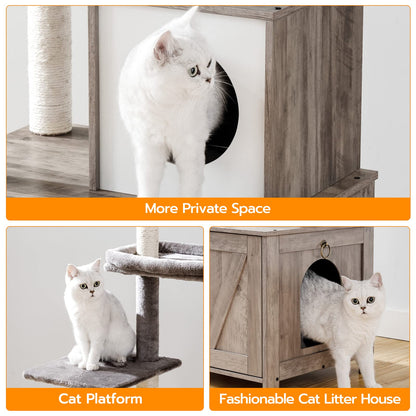 HOOBRO Greige Wooden Concealed Cat Tree Tower with Litter Box Enclosure & Scratching Post