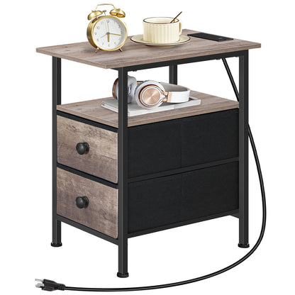 HOOBRO End Table with Charging Station, Narrow Side Table, Nightstand with 2 Non-Woven Drawers, Slim Sofa Side Table, for Small Spaces, Living Room, Bedroom, Greige and Black BG486UBZ01