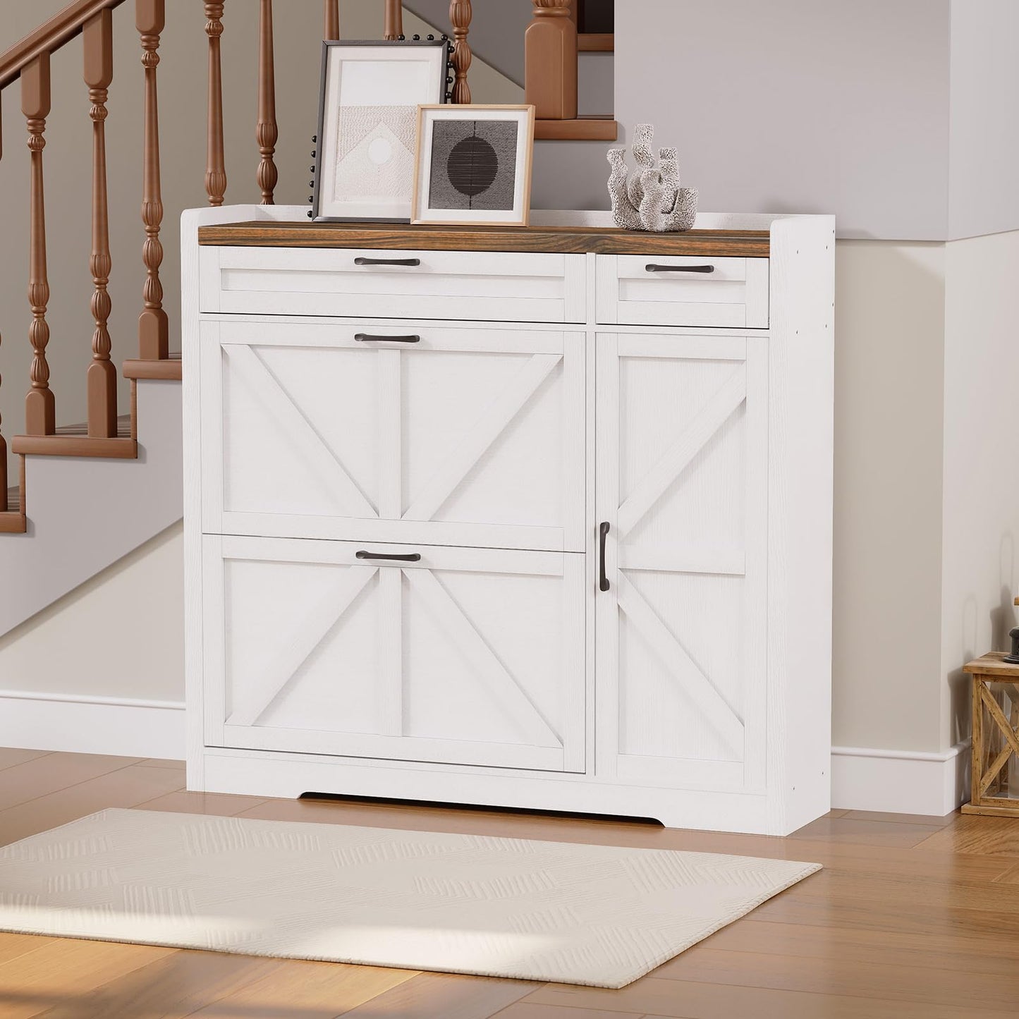 HOOBRO Farmhouse Style Shoe Cabinet with 2 Flip-Top Drawers & Adjustable Side Cabinet
