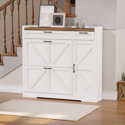 HOOBRO Farmhouse Style Shoe Cabinet with 2 Flip-Top Drawers & Adjustable Side Cabinet