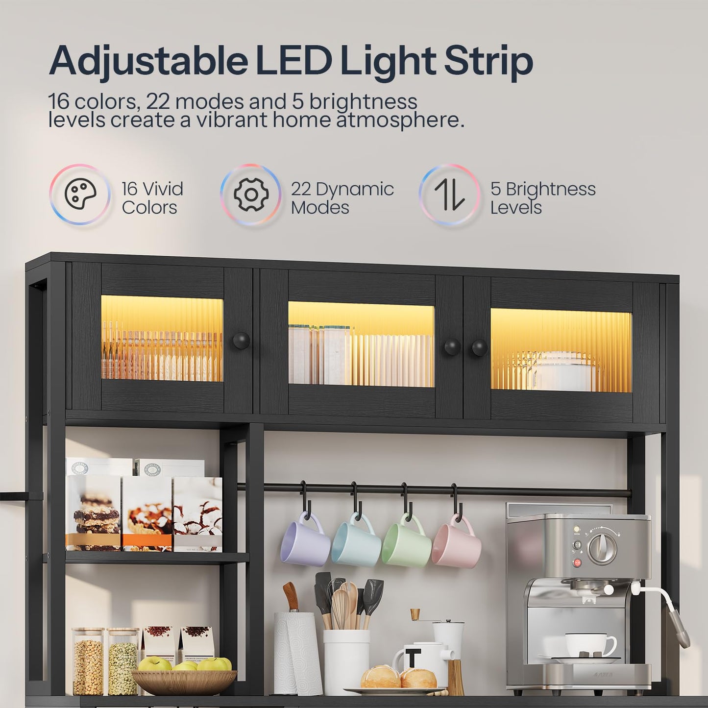 HOOBRO 45.3-inch Multi-functional Bakers Rack with Power Outlet & LED Light