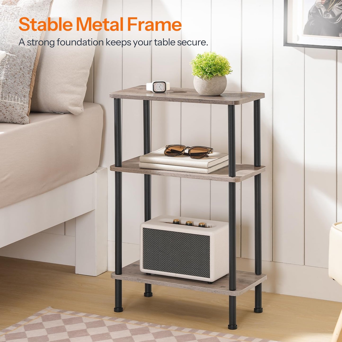 HOOBRO Narrow Side Table, 3-Tier Slim End Table No Tools Needed, Twist-On Assembly, Skinny Nightstand Sofa Storage Shelf for Living Room, Bedroom, Study, Greige and Black BG246BZ01