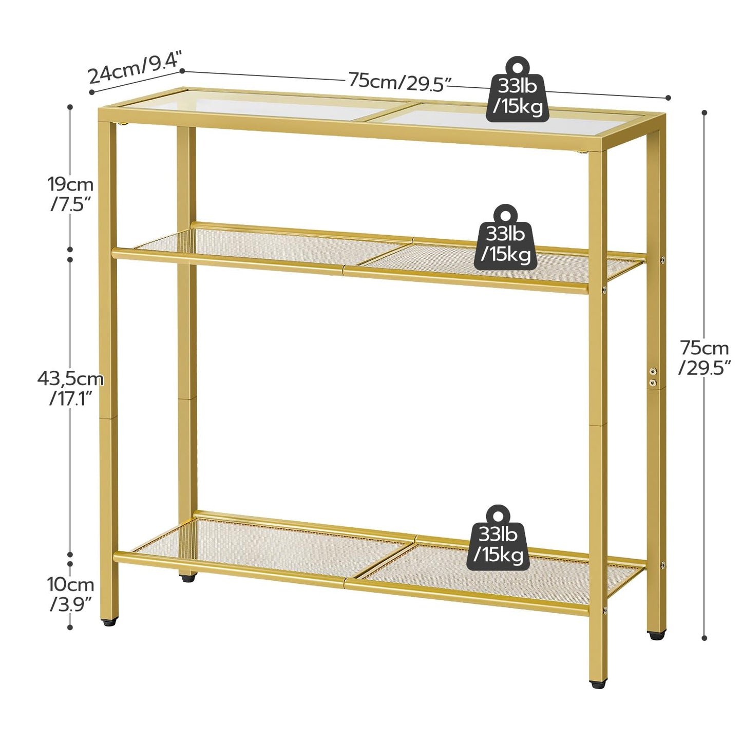 HOOBRO 29.5-inch Gold Triple Tempered Glass Narrow Console Table