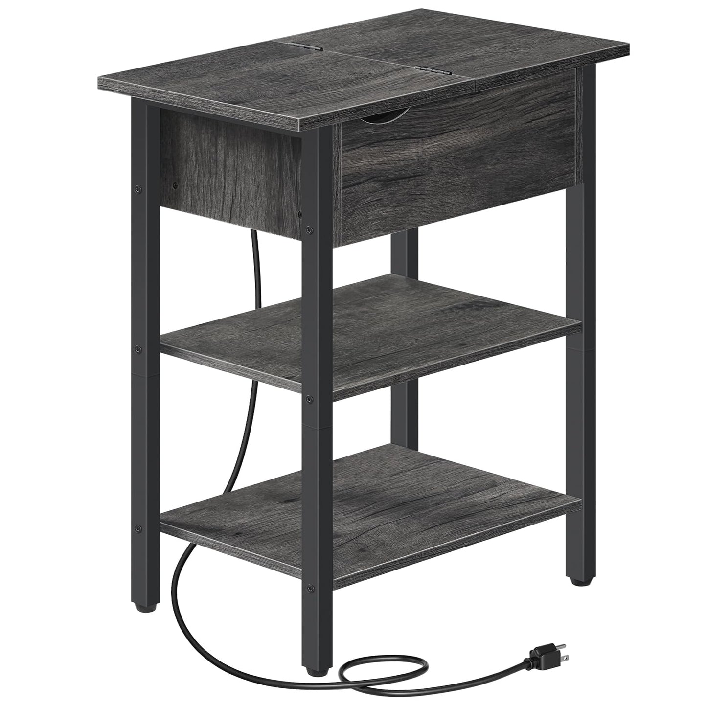 HOOBRO End Table with Charging Station, Narrow Side Table, Flip Top Nightstand with USB Ports and Outlets, Bedside Tables with Shelf for Small Spaces, Living Room, Charcoal Black BC341BZ01