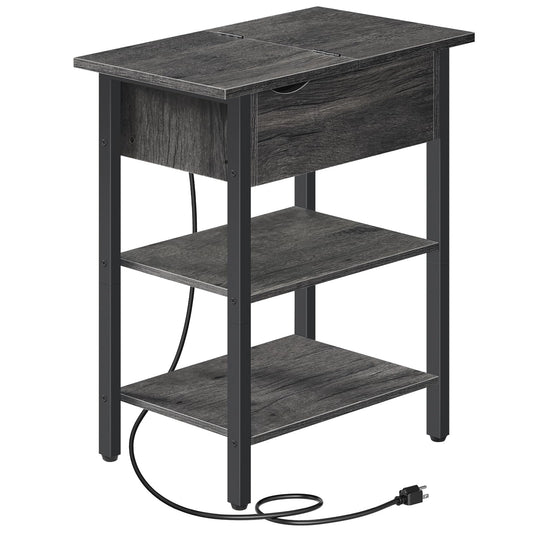 HOOBRO End Table with Charging Station, Narrow Side Table, Flip Top Nightstand with USB Ports and Outlets, Bedside Tables with Shelf for Small Spaces, Living Room, Charcoal Black BC341BZ01
