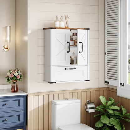 Bathroom interior with white cabinet, toilet, and decorative elements.