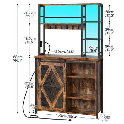 Wooden entertainment center with glass panels and dimensions labeled