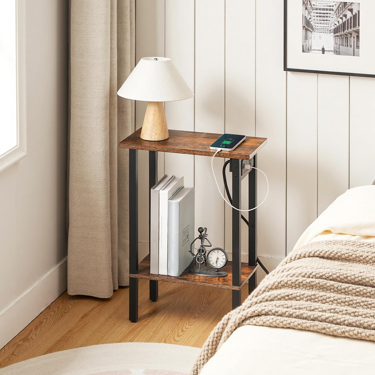 HOOBRO Narrow Side Table, 2-Tier Slim End Table with Charging Station, Skinny Nightstand with Open Storage, for Small Spaces, Living Room, Bedroom, Study, Rustic Brown and Black BF240UBZ01