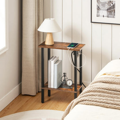 HOOBRO Narrow Side Table, 2-Tier Slim End Table with Charging Station, Skinny Nightstand with Open Storage, for Small Spaces, Living Room, Bedroom, Study, Rustic Brown and Black BF240UBZ01
