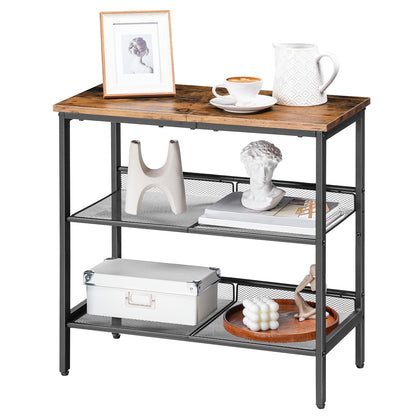 HOOBRO Retro Brown Three-Tier Narrow Side Table with Two Adjustable Flat Shelves