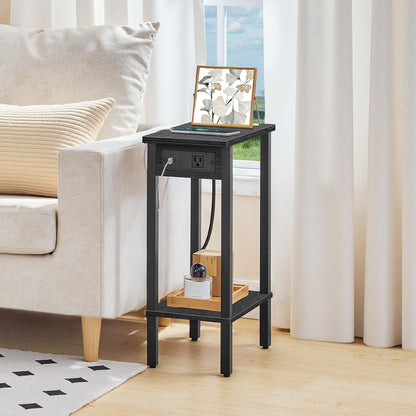 HOOBRO Small End Table with Charging Station, Narrow Side Table with USB Port and Outlets, Skinny Sofa Table, Slim Nightstand, Living Room, Bedroom, Black BK240UBZ01