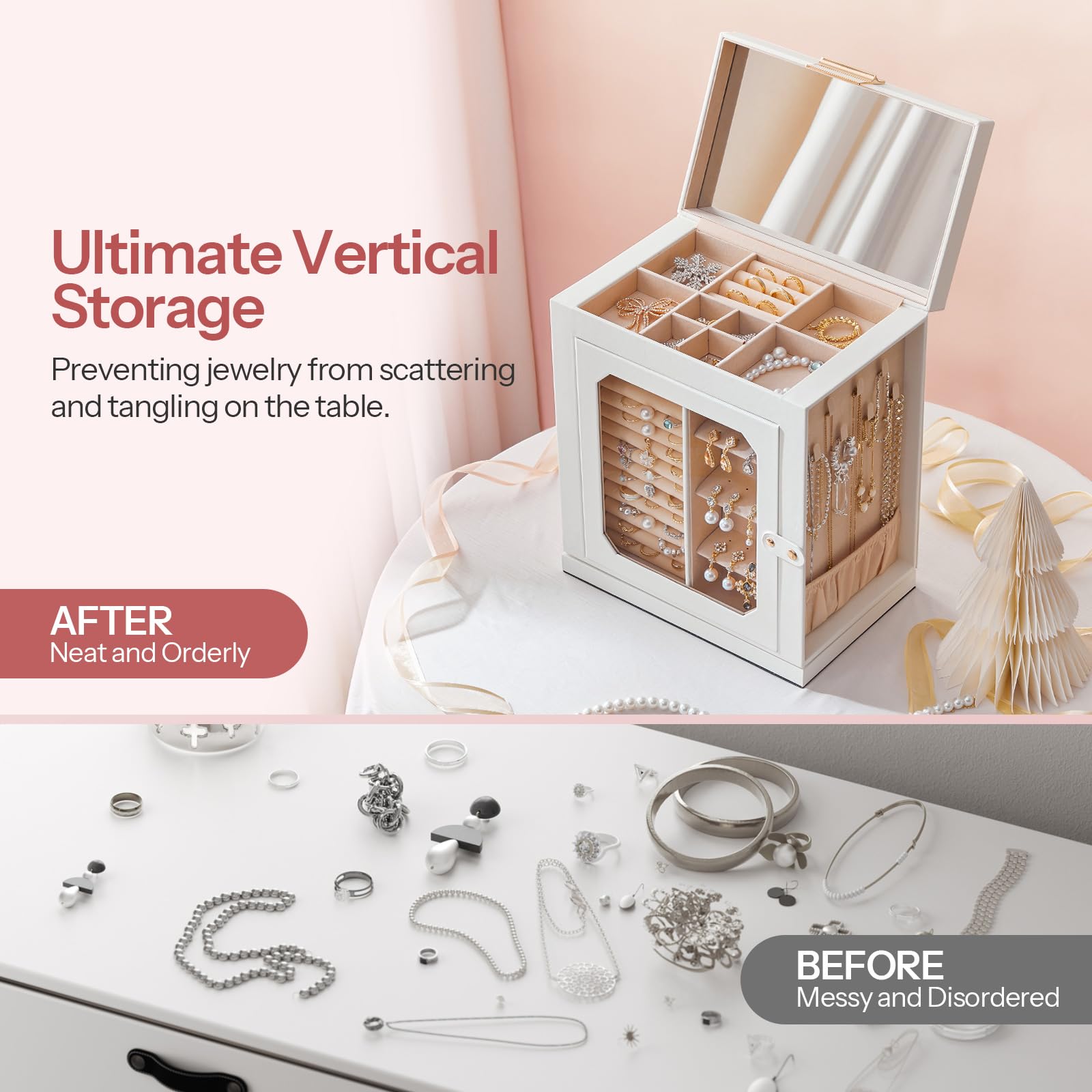 HOOBRO 360° Rotating Jewelry Organizer Box with Mirror & 6-Drawer