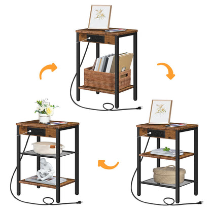 HOOBRO Retro Brown Three-Layer Adjustable Side Table with Charging Station & USB Port