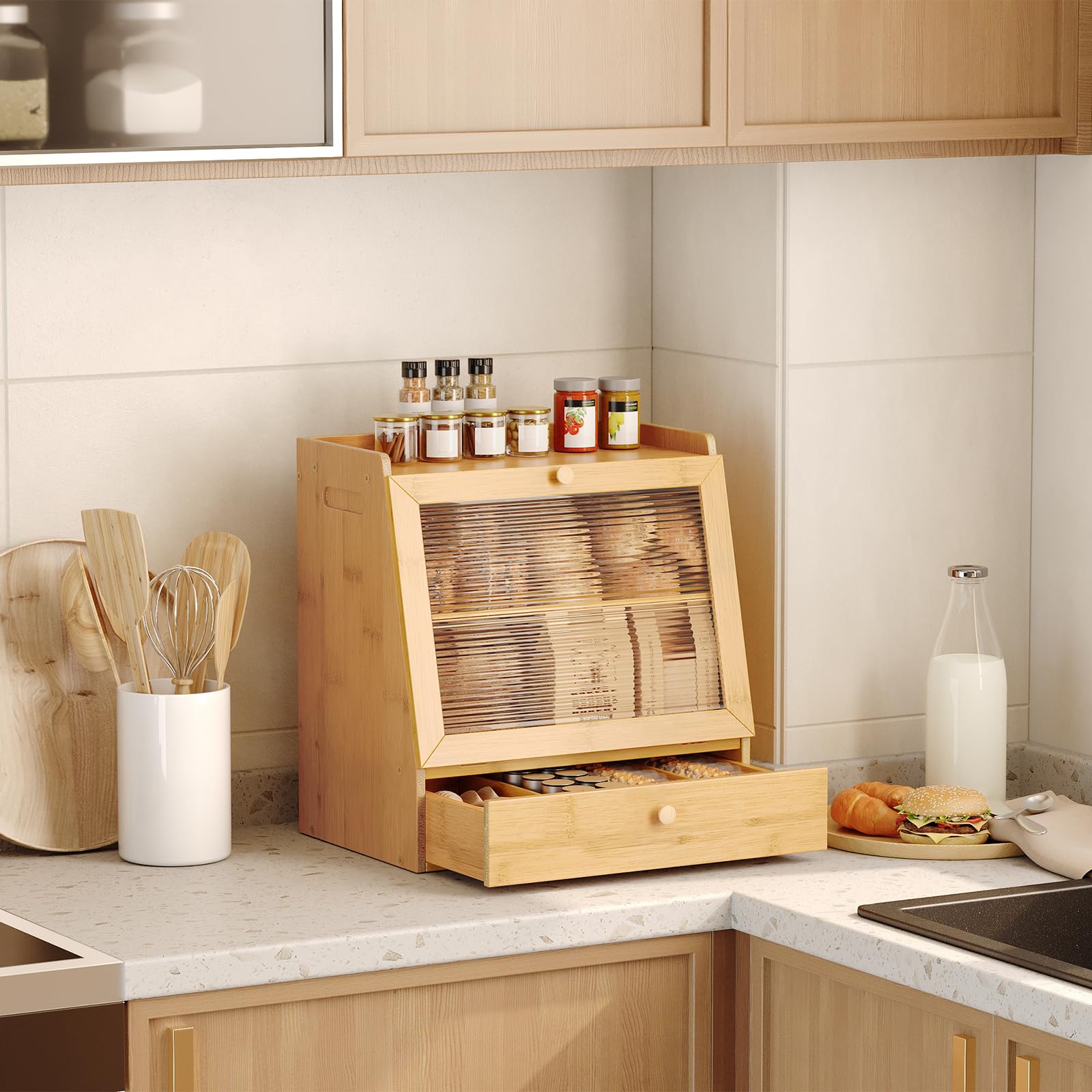 Wooden bread bin on a kitchen counter with various items including a jar of milk and a plate of food.