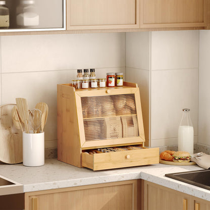 Wooden bread bin on a kitchen counter with various items including a jar of milk and a plate of food.