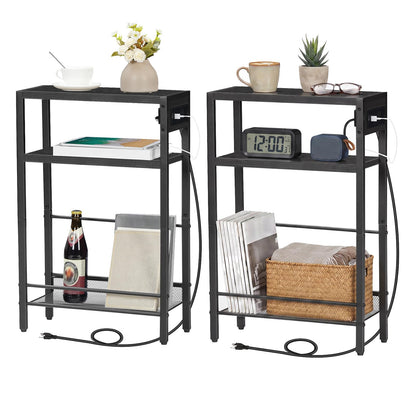 HOOBRO Small Narrow Side Table with Charging Station Set of 2, Skinny End Table for Small Spaces, Slim Nightstand with USB Ports Outlet, Sofa Beside Table with Storage Shelf BB102UBZP201