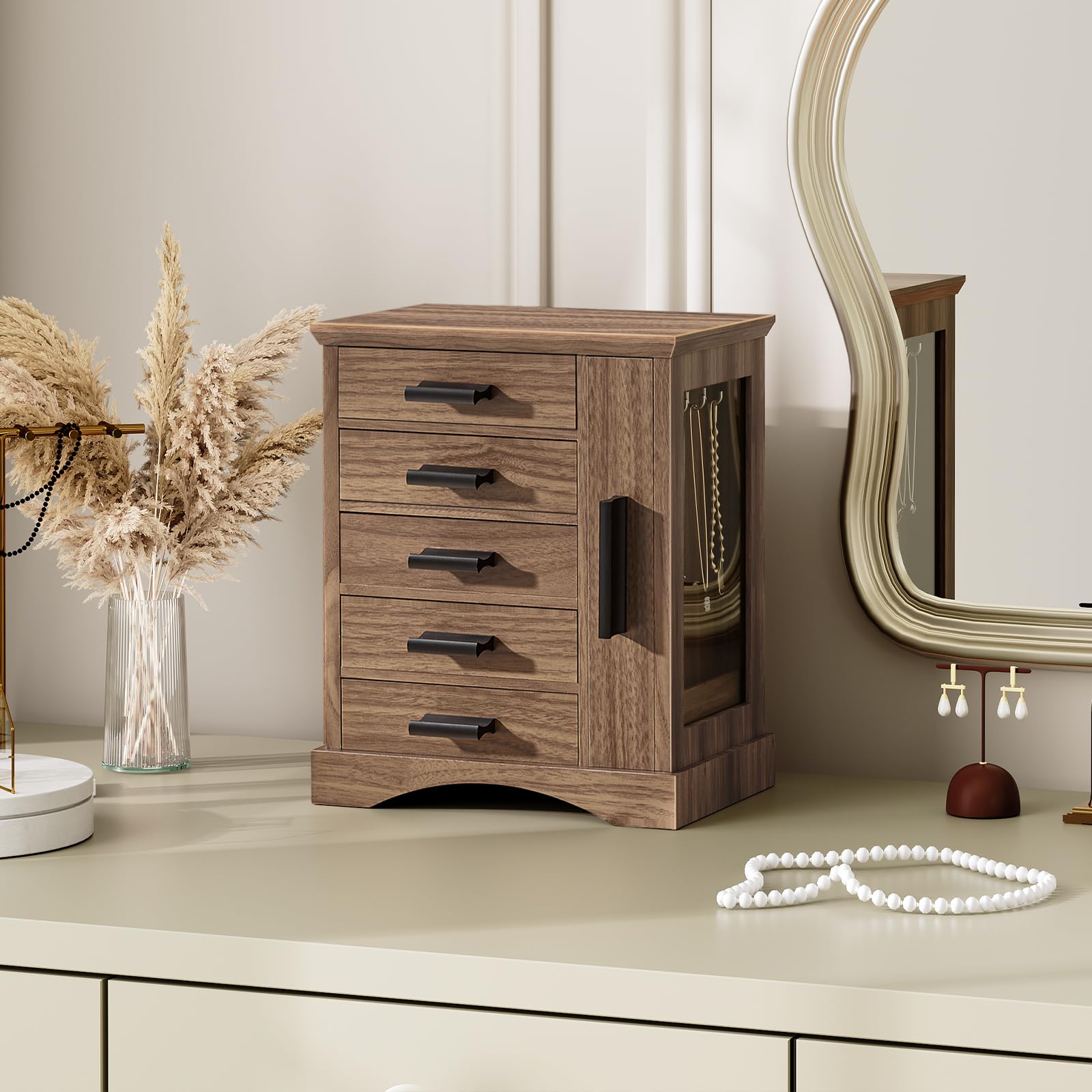 HOOBRO Vertical Wooden Jewelry Organizer Box