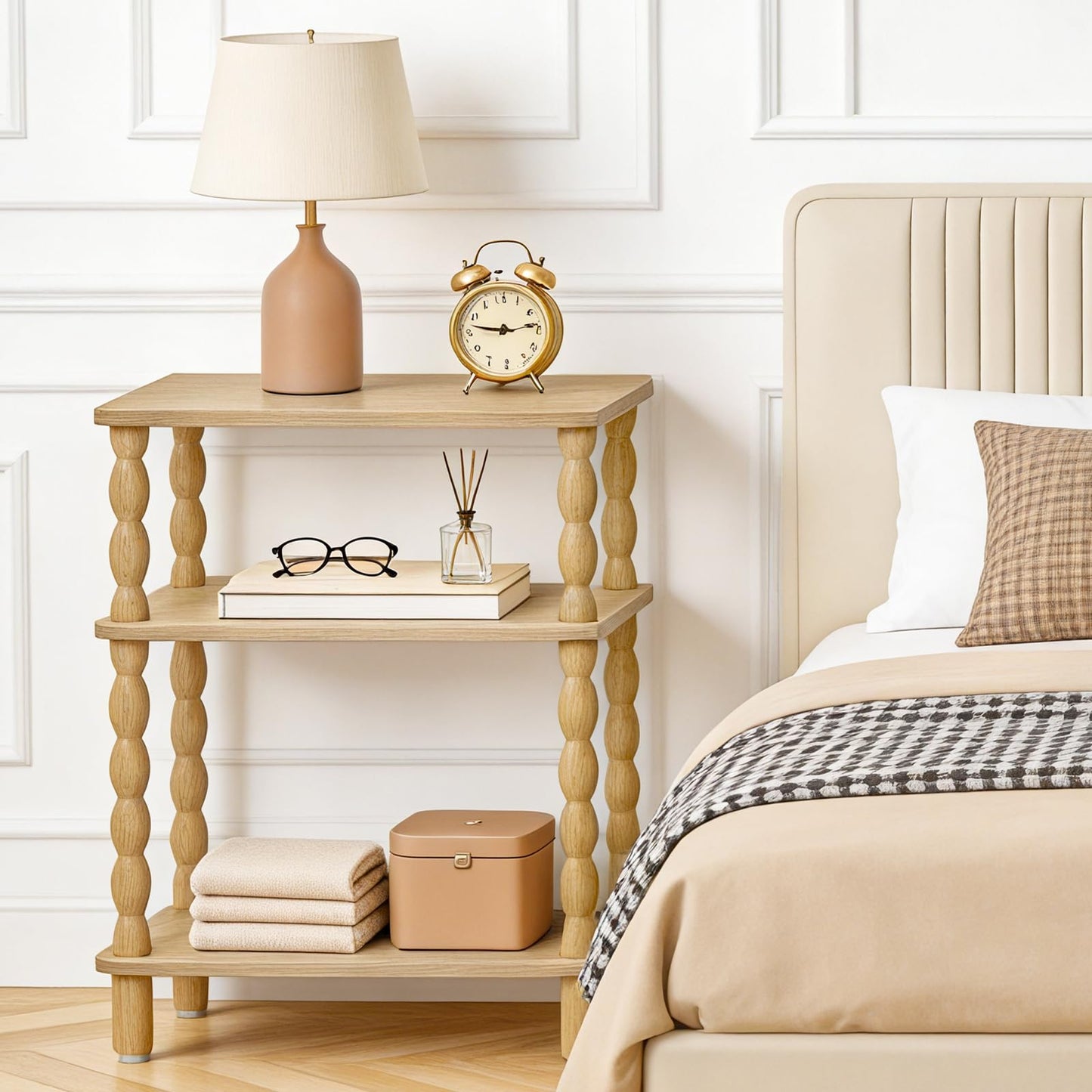HOOBRO Narrow Side Table, Skinny End Table with Storage, Solid Wood Legs, 3-Tier Bedside Table Nightstand for Small Space, Living Room, Bedroom, Sofa Couch, Natural NL462BZ01