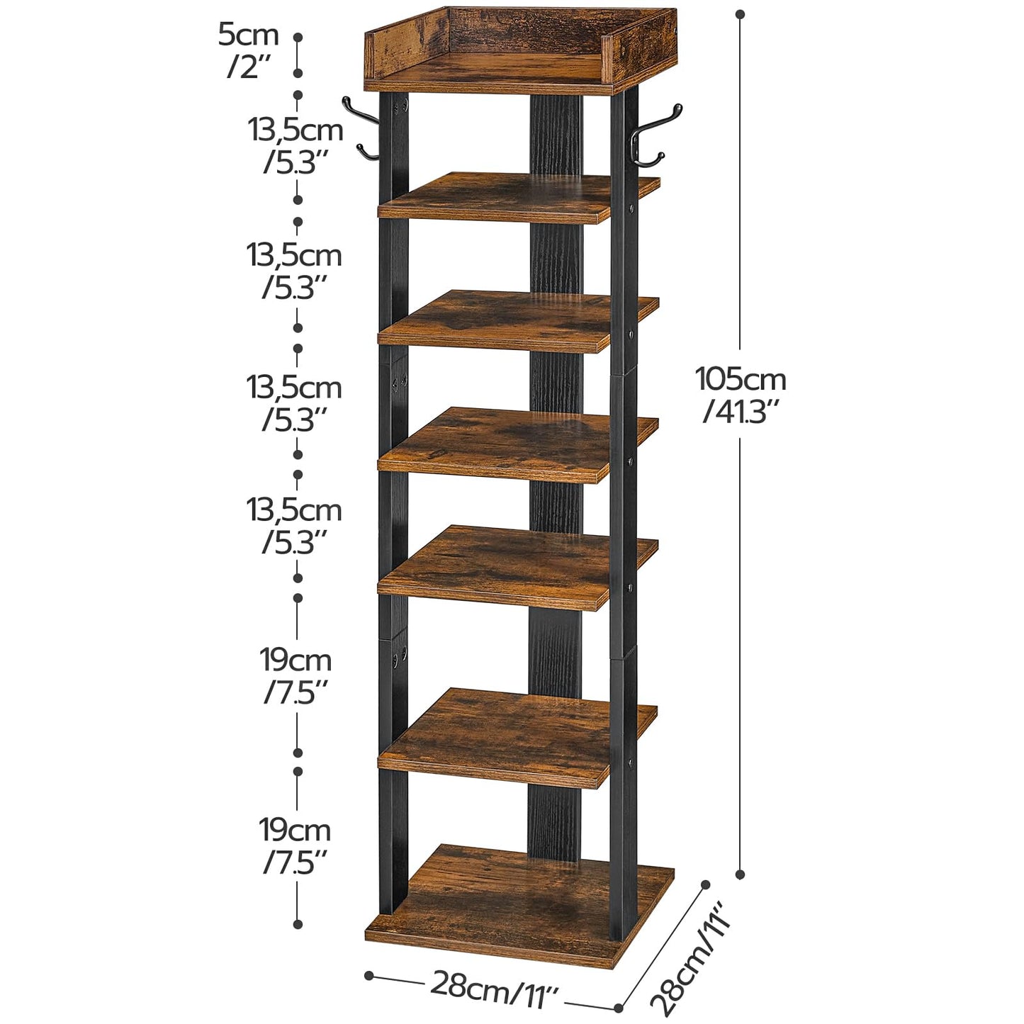 Wooden shelf with metal legs and hooks, shown with dimensions on a white background
