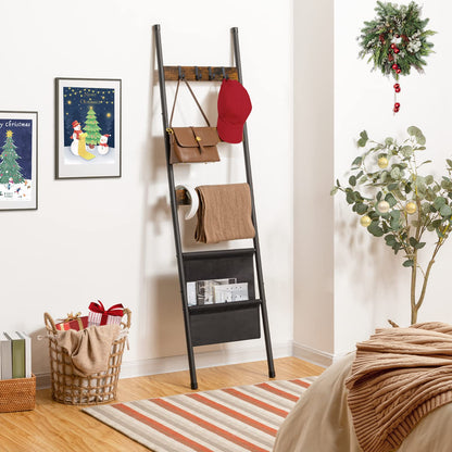 HOOBRO Vintage Brown 5-Tier Wall-Mounted Towel Rack with 4 Hooks & Magazine Bag