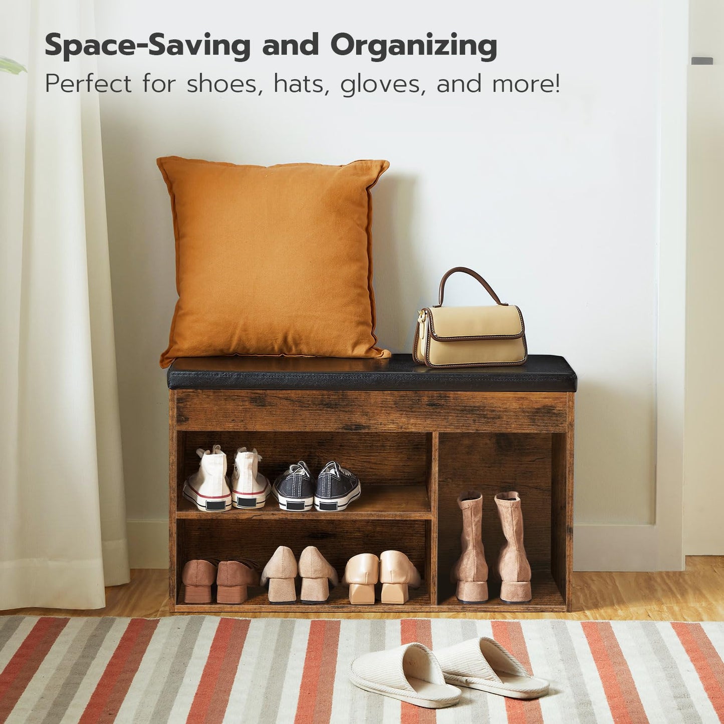 HOOBRO Retro Brown Flip-Top Padded Shoe Stool with Adjustable Shelves & Hidden Compartments