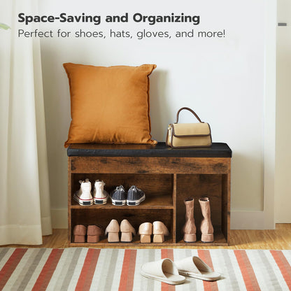 HOOBRO Retro Brown Flip-Top Padded Shoe Stool with Adjustable Shelves & Hidden Compartments