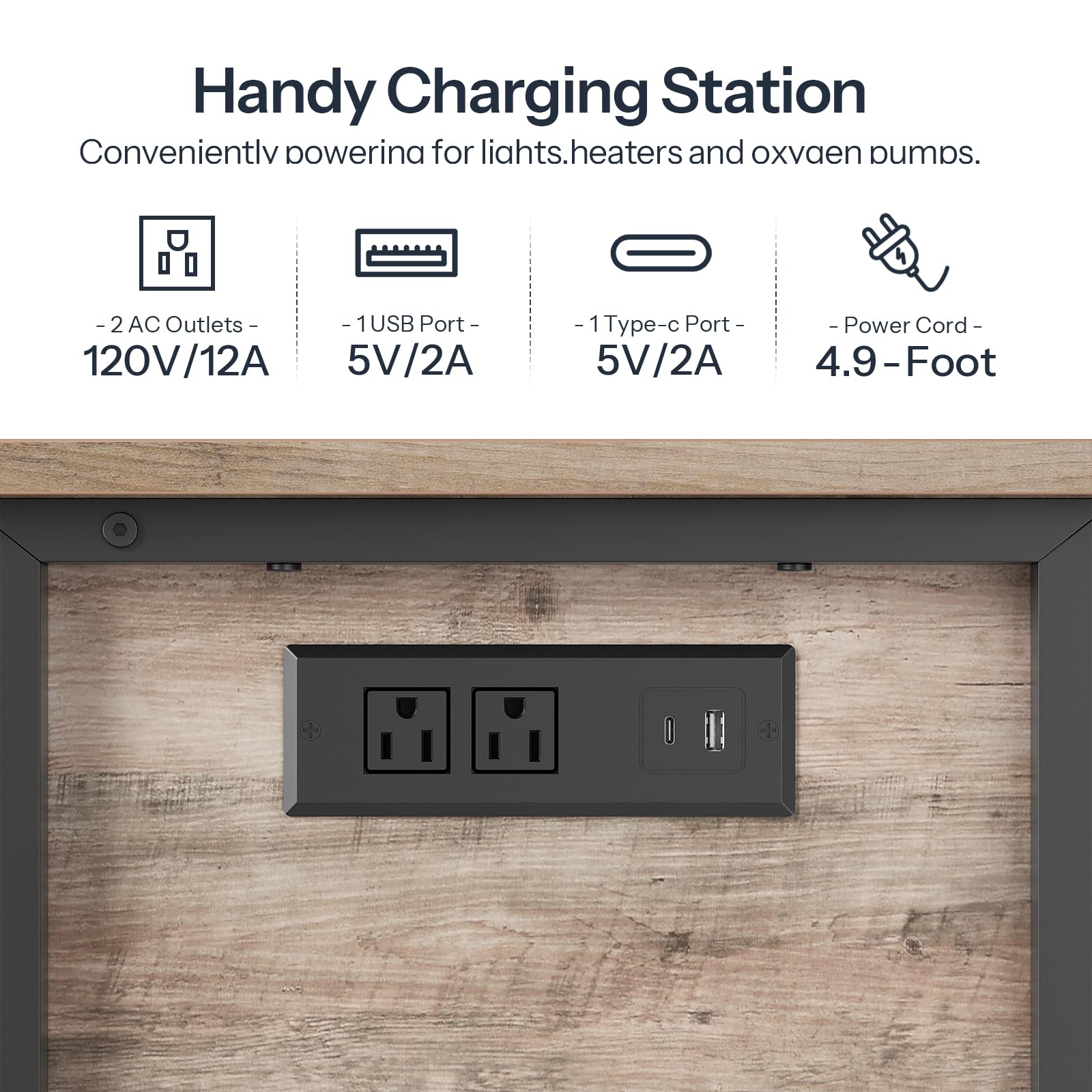 Handy charging station with outlets and ports on a wooden panel background