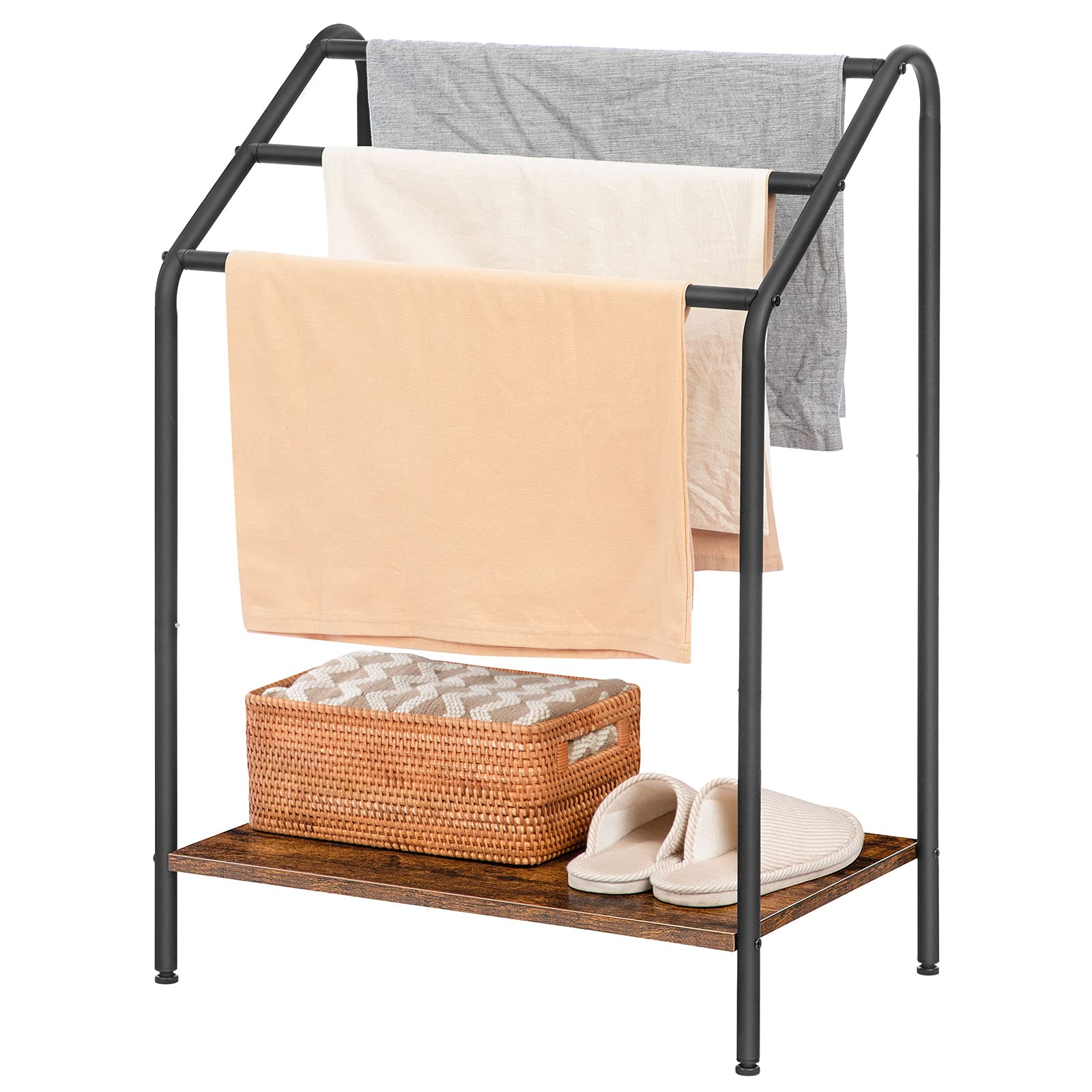 Towel rack with folded towels, a woven basket, and shoes on a white background