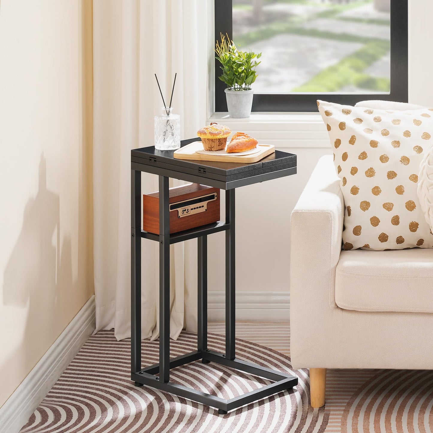 HOOBRO Metal Foldable Luggage Stand with C-Shaped Side Table