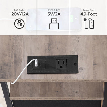 HOOBRO End Table with Charging Station, Narrow Side Table, Nightstand with 2 Non-Woven Drawers, Slim Sofa Side Table, for Small Spaces, Living Room, Bedroom, Greige and Black BG486UBZ01