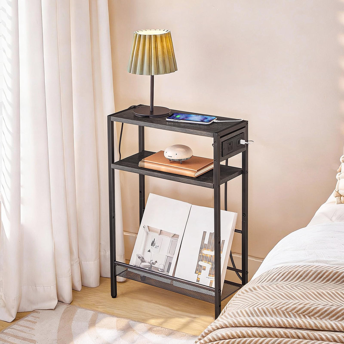 HOOBRO Small Narrow Side Table with Charging Station, Skinny End Table for Small Spaces, Slim Nightstand with USB Ports Outlet, Sofa Beside Table with Storage Shelf, Charcoal Black BC102UBZ01