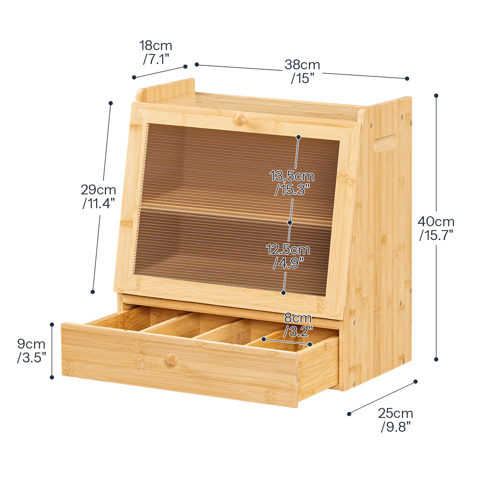 Wooden pet carrier with dimensions labeled on a white background