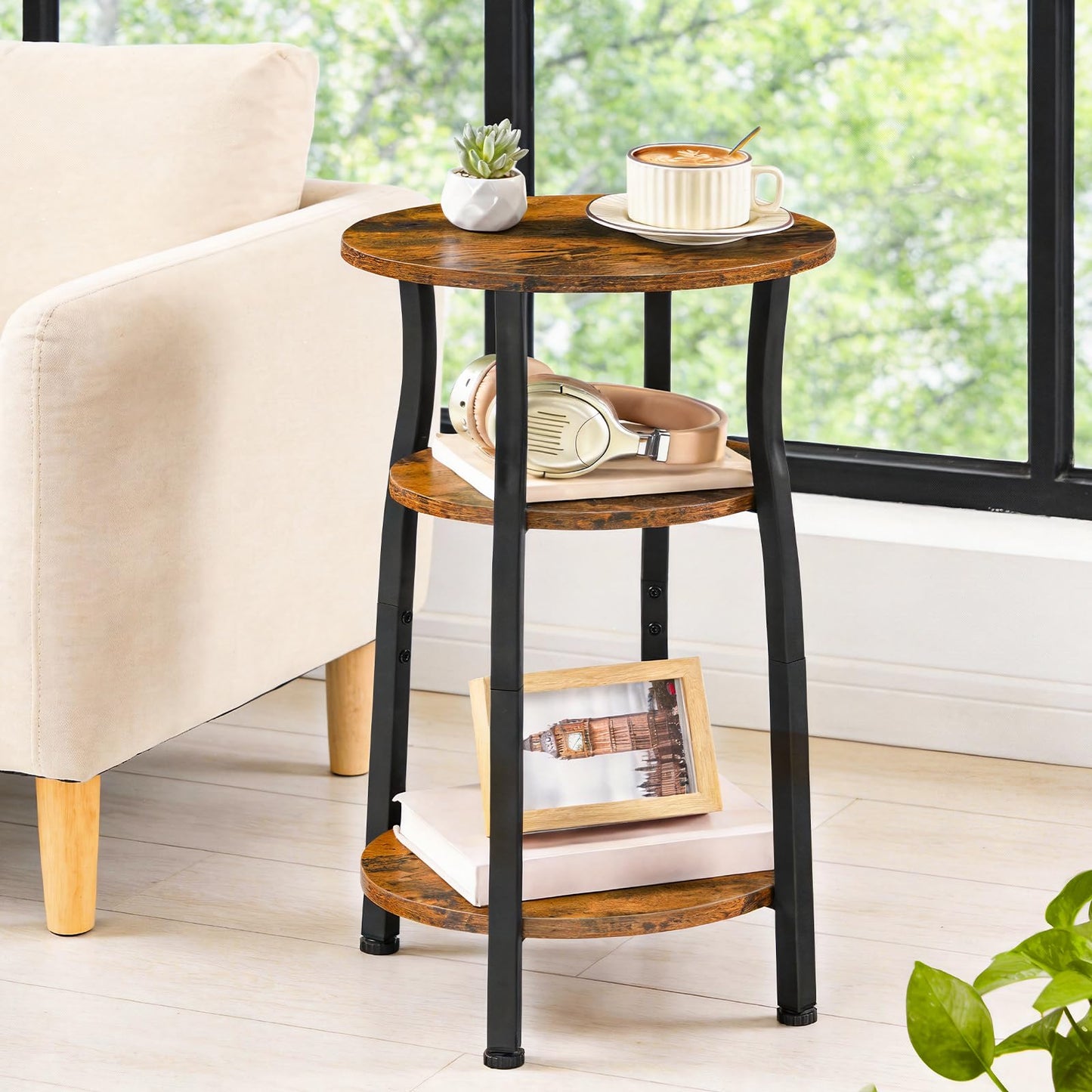 HOOBRO Small Round Side Table, 3-Tier Oval End Table with Storage, Slim Night Stand for Small Spaces, Corner Sofa Table for Living Room, Bedroom, Rustic Brown and Black BF258BZ01
