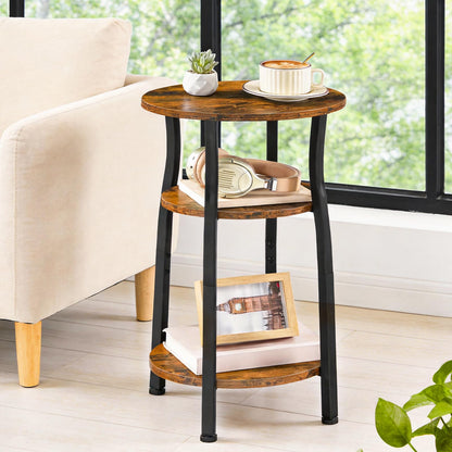 HOOBRO Small Round Side Table, 3-Tier Oval End Table with Storage, Slim Night Stand for Small Spaces, Corner Sofa Table for Living Room, Bedroom, Rustic Brown and Black BF258BZ01