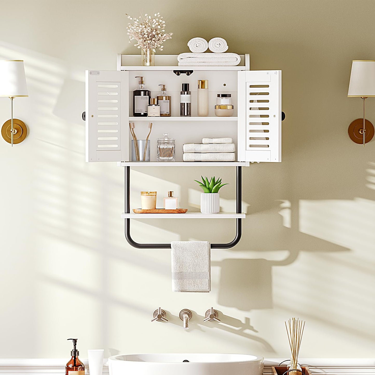 Bathroom with white shelves, towels, and toiletries against a beige wall.