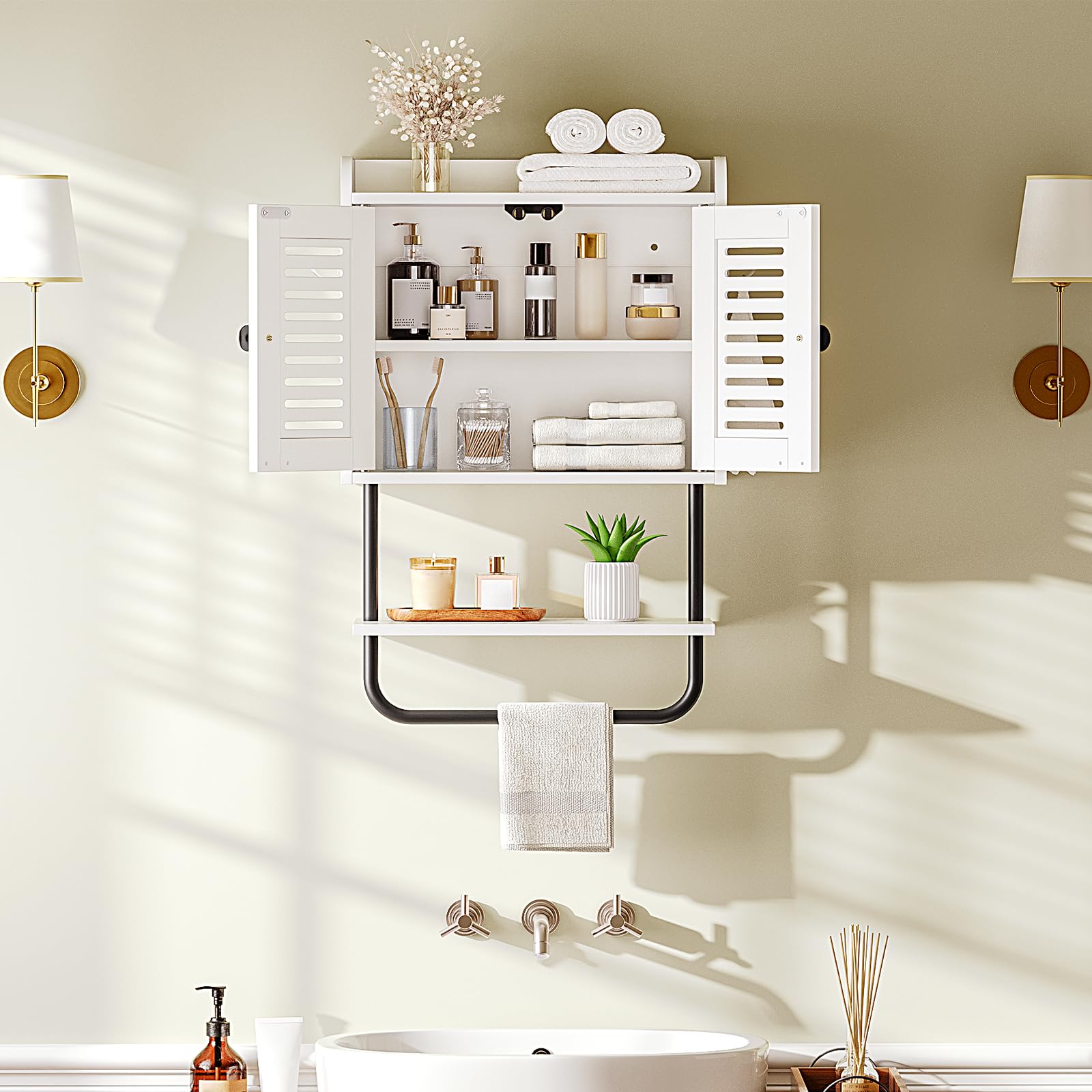 Bathroom with white shelves, towels, and toiletries against a beige wall.