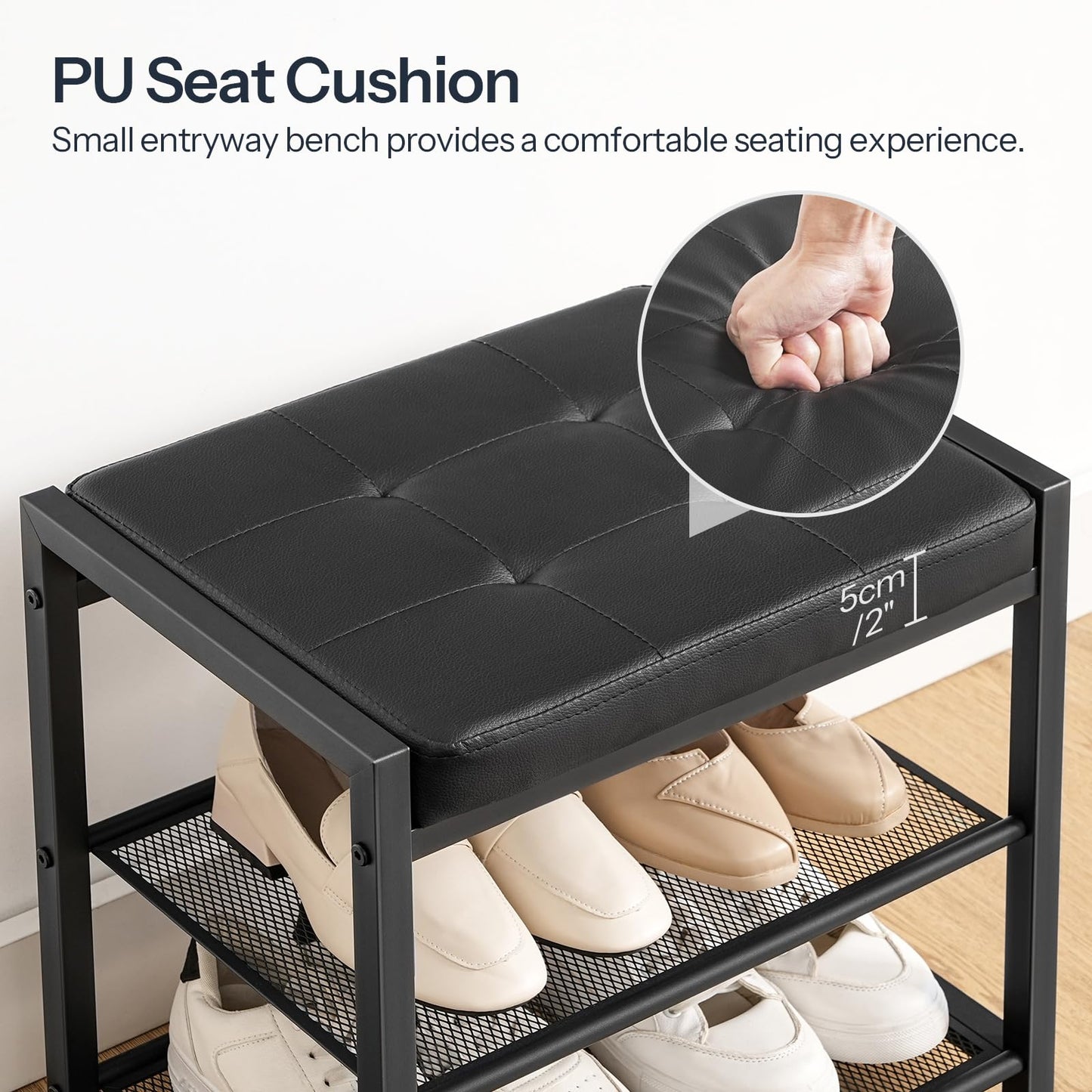 Black PU seat cushion bench with shoe storage compartments and a hand pressing into the cushion.