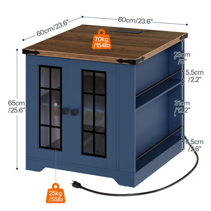 HOOBRO Blue Farmhouse Style 23.6-inch Large Side Table with Charging Station & Side Shelf