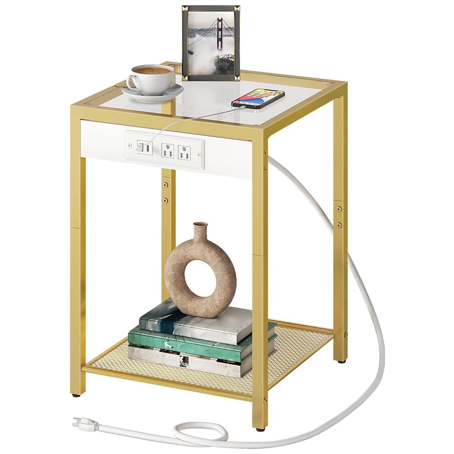 HOOBRO Gold Modern Metal Frame Tempered Glass Desktop Side Table with USB Port & Charging Station / 2PICS