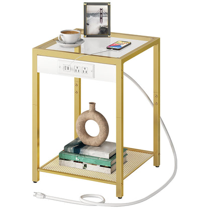 HOOBRO Gold Modern Metal Frame Tempered Glass Desktop Side Table with USB Port & Charging Station / 2PICS
