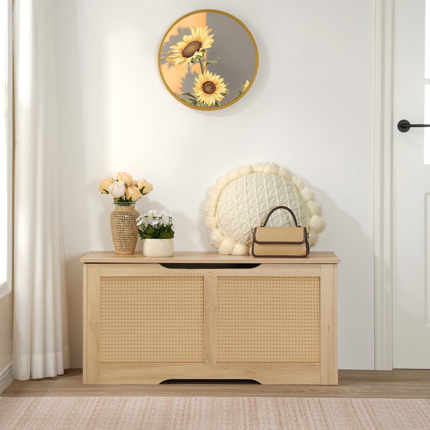 HOOBRO Natural 39.3-inch Wicker Style Storage Bench with Safety Hinges & U-Shaped Opening